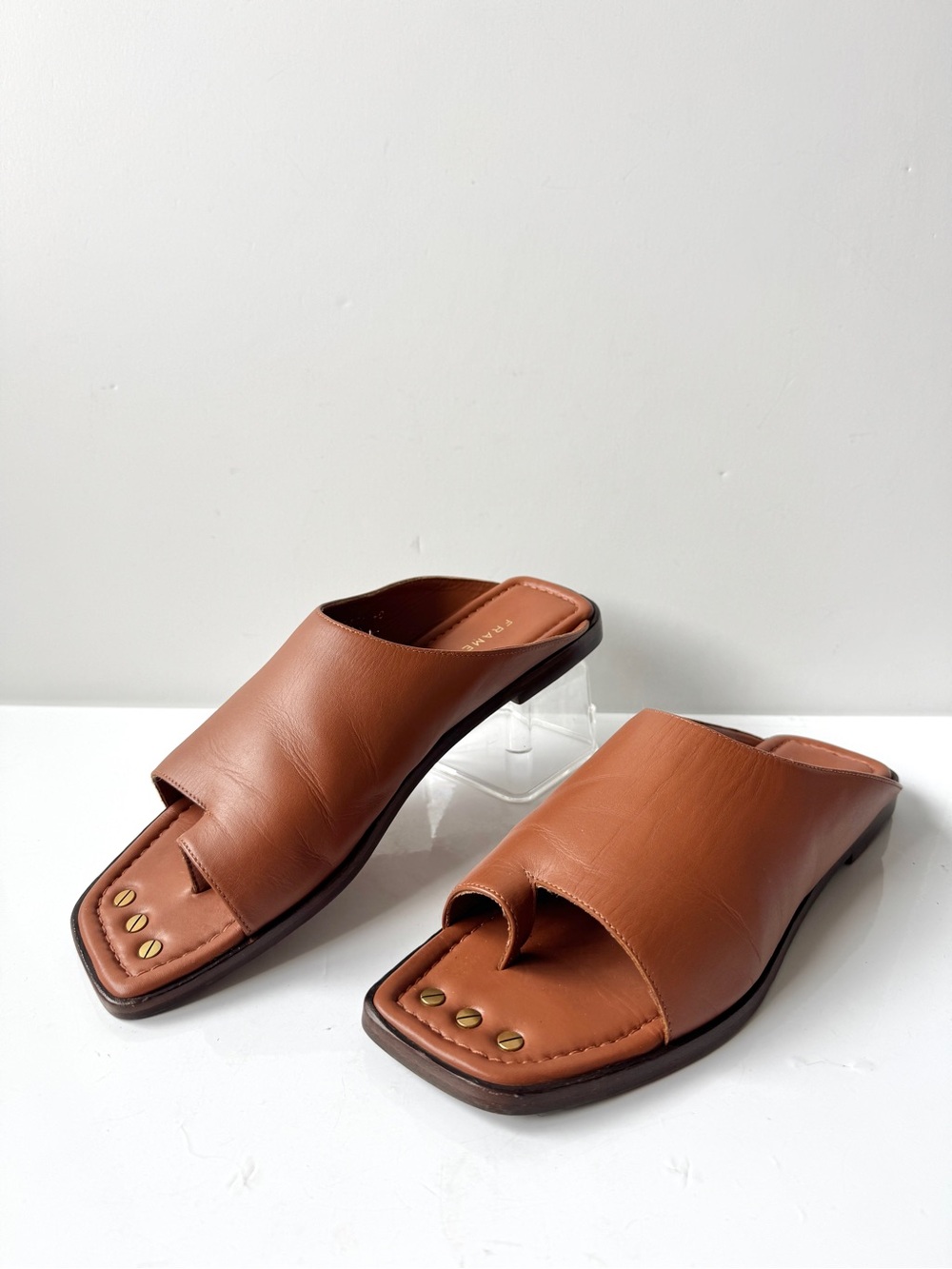 Frame Le Hewitt Tobacco Leather Open-Toe Slide Sandals Size 40/9 US